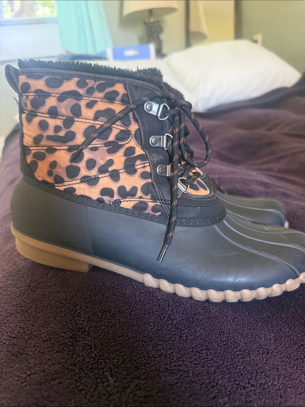 Bare Traps Women’s Leopard-Print Rubber Duck Snow Rain Boots Sz 9 EUC